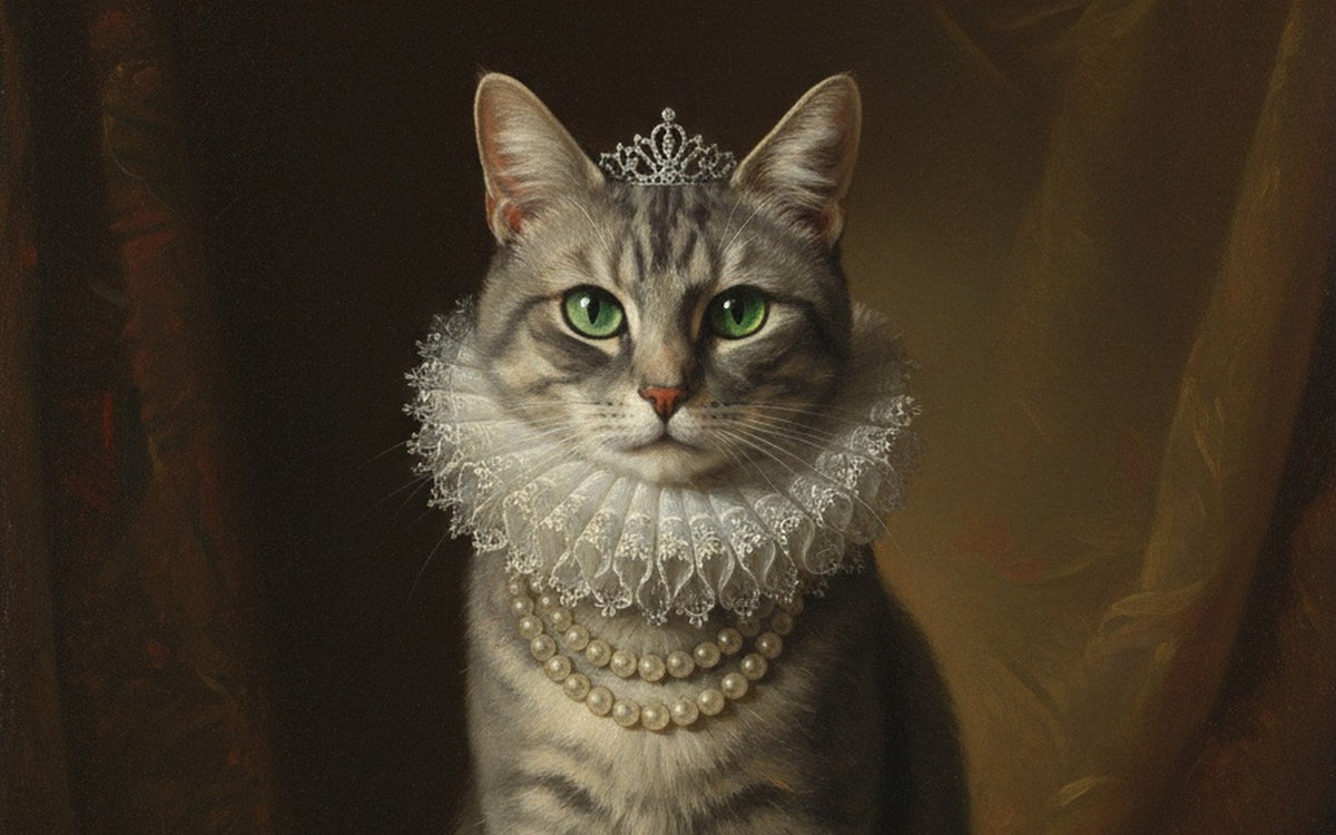 Silver tabby cat portrait as a queen