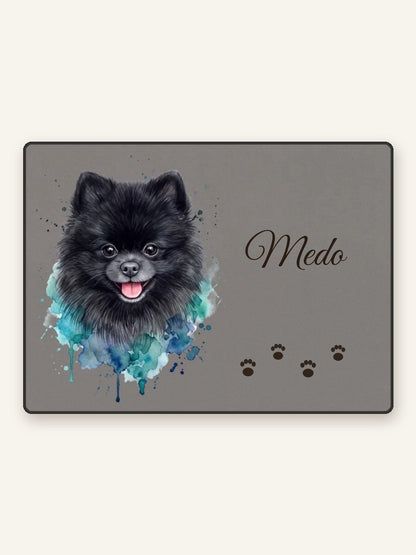 Personalised doormat with a blue watercolour portrait of a pet on a grey background