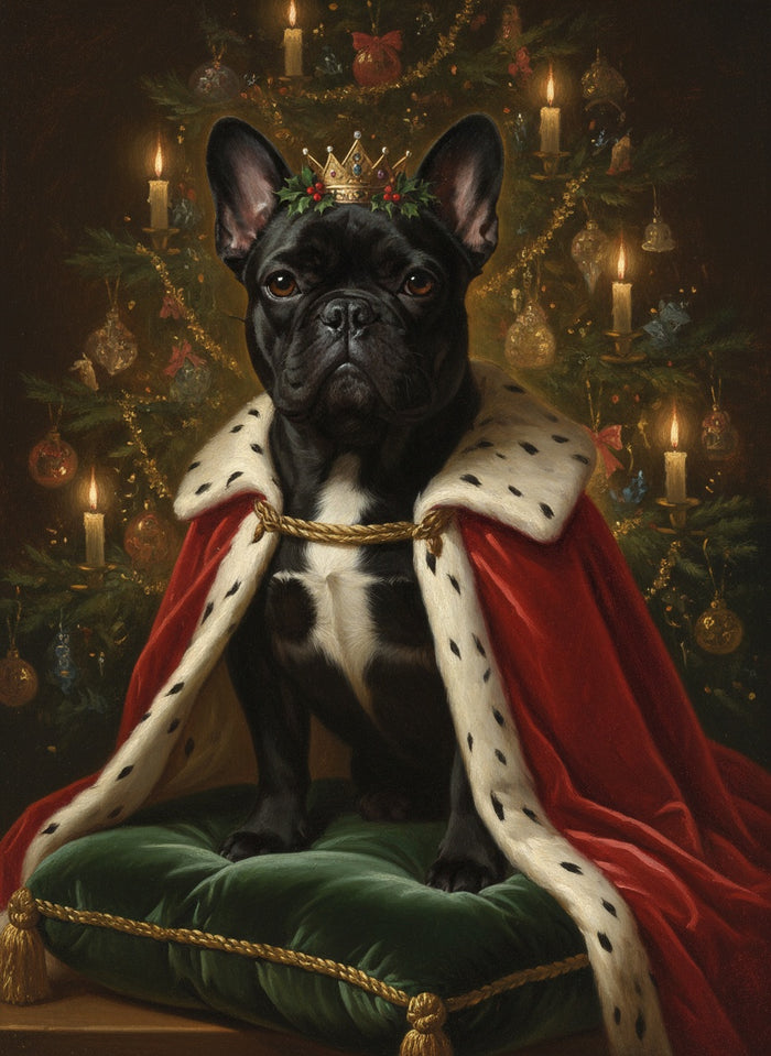 Schwarze Französische Bulldogge als Weihnachtskönig
