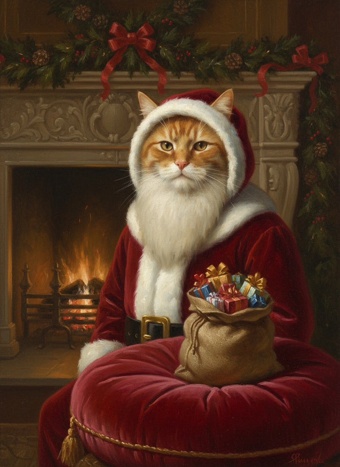 Rote Katze als Weihnachtsmann am Kamin gemalt