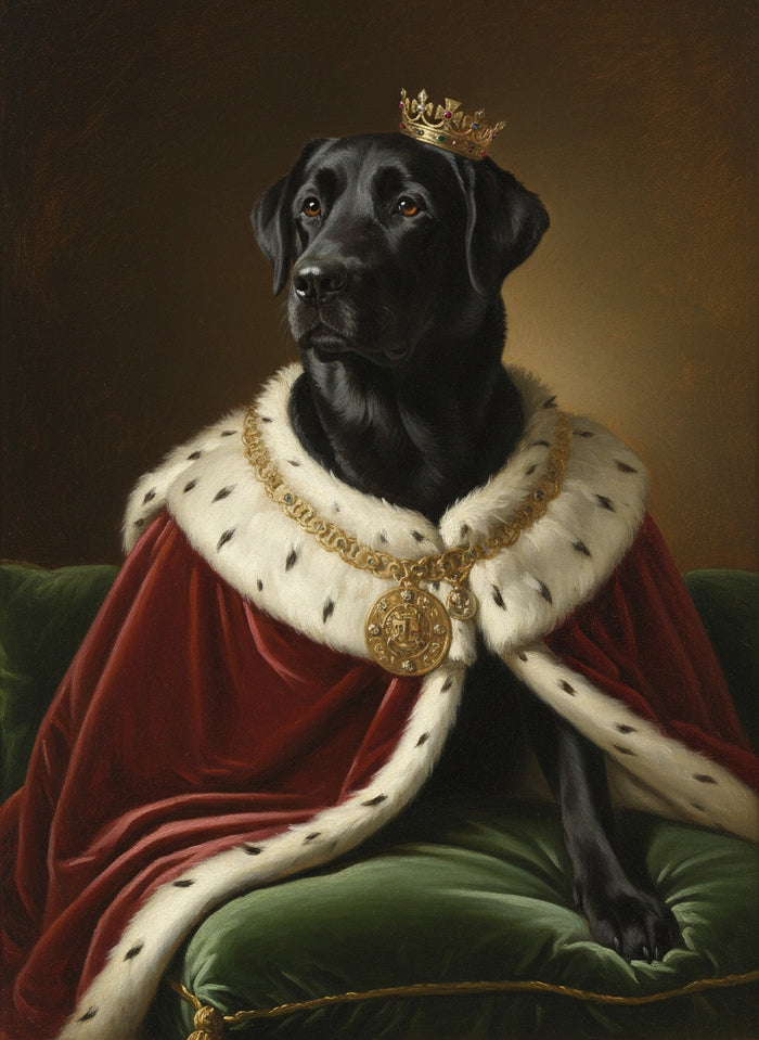 Schwarzer Labrador als König mit Hermelinumhang und Krone gemalt