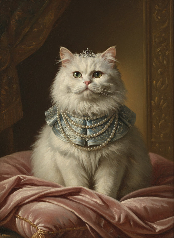 Weiße Perserkatze als Königin mit Perlen und Diadem gemalt