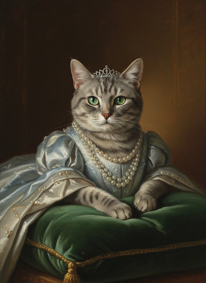 Graue getigerte Katze als Königin gemalt