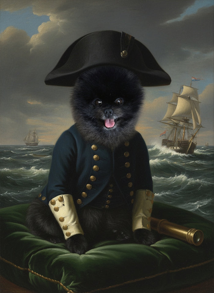 Pomeranian als Admiral mit Zweispitz und Segelschiff gemalt