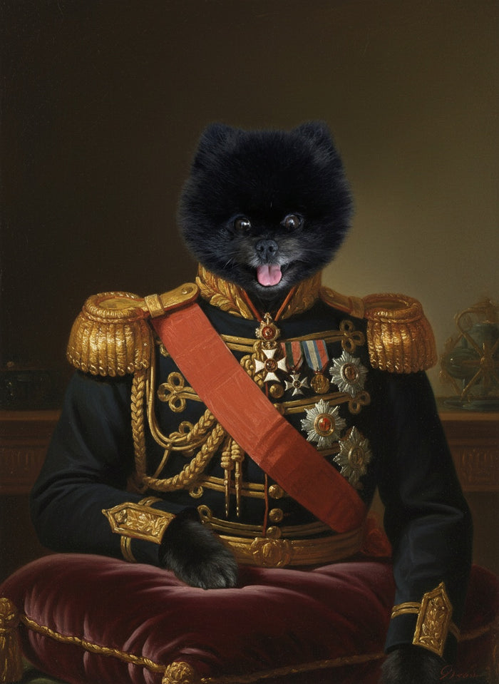 Pomeranian als General in Uniform mit Epauletten gemalt