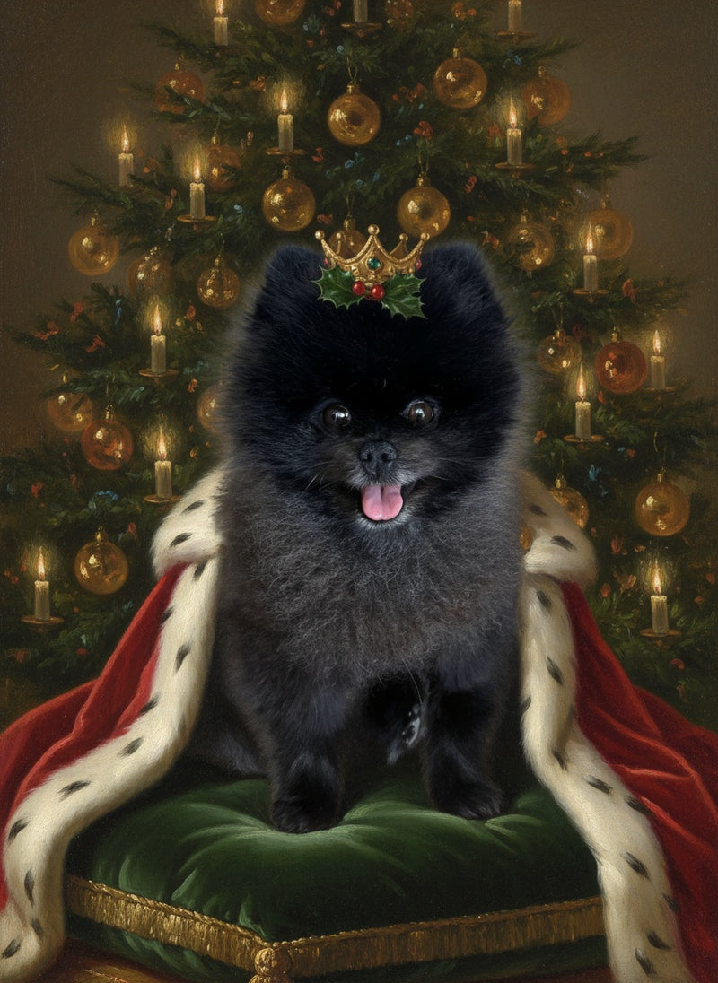 Pomeranian als Weihnachtskönig – Haustierporträt im Stil alter Meister