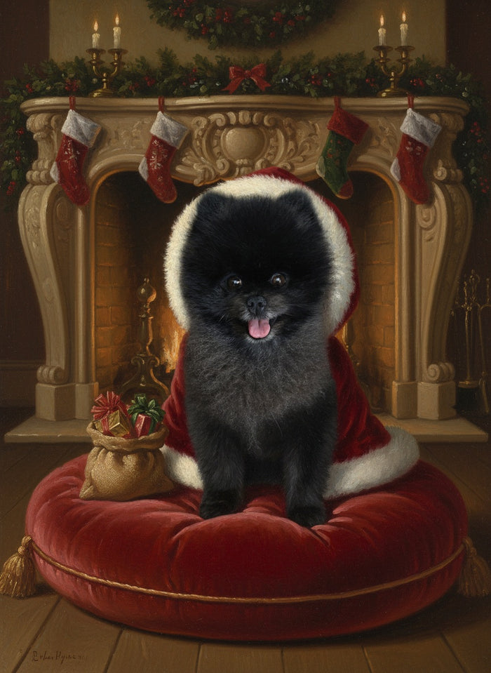 Pomeranian als Weihnachtsmann am Kamin gemalt