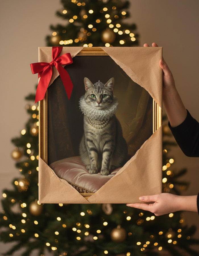 Katzenporträt als Königin wird als Weihnachtsgeschenk ausgepackt